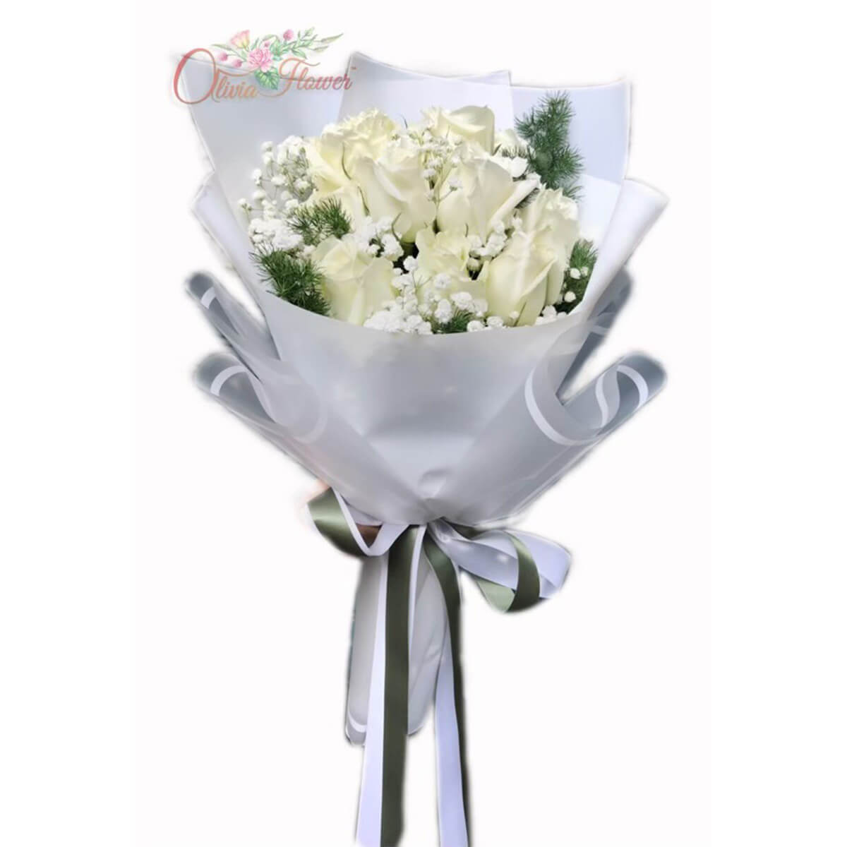 ช่อดอกกุหลาบขาว 10 ดอก แซมด้วยยิปซี | ร้านดอกไม้ Olivia Flower™