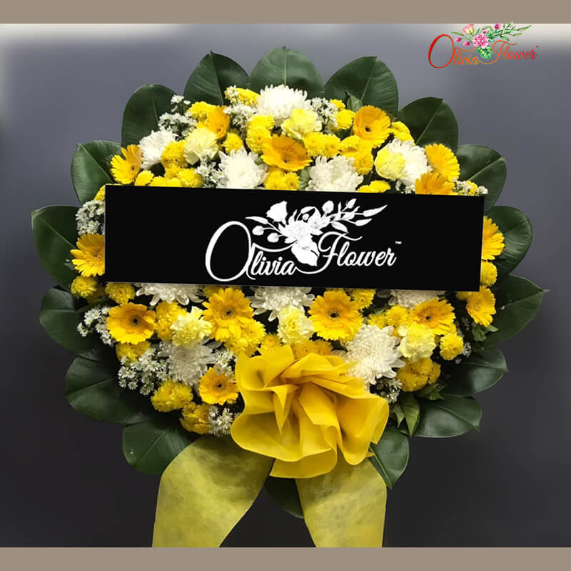 พวงหรีดดอกไม้สด โทน ขาว-เหลือง ขนาด 80ซม. | ร้านดอกไม้ Olivia Flower™