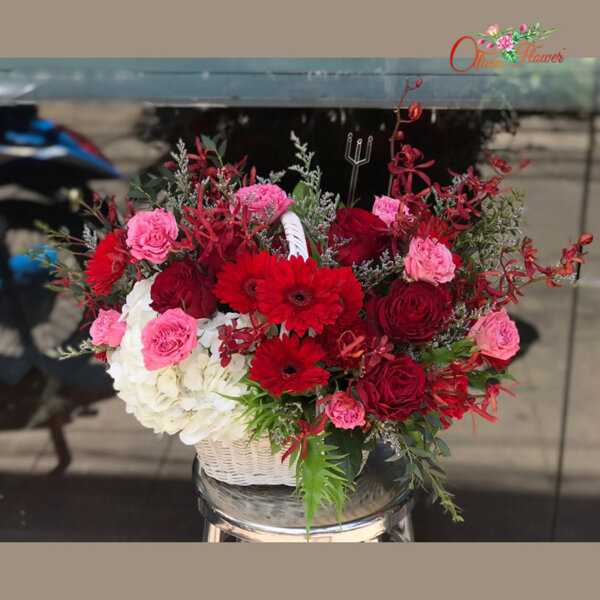 กระเช้าดอกไม้สด ประกอบด้วย กุหลาบสีแดง ไฮเดรนเยียสีขาว คาร์เนชั่นสีชมพู เยอบีร่าสีแดง กล้วยไม้ และแคสเปีย